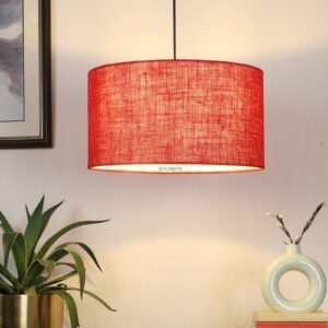 16 Inches Pendant/Hanging Ceiling Light Fixture, Red Jute Drum Shade, for Bedroom, Kitchen, Living Room, Dining Table, Lobby, Kitchen, Black Canopy