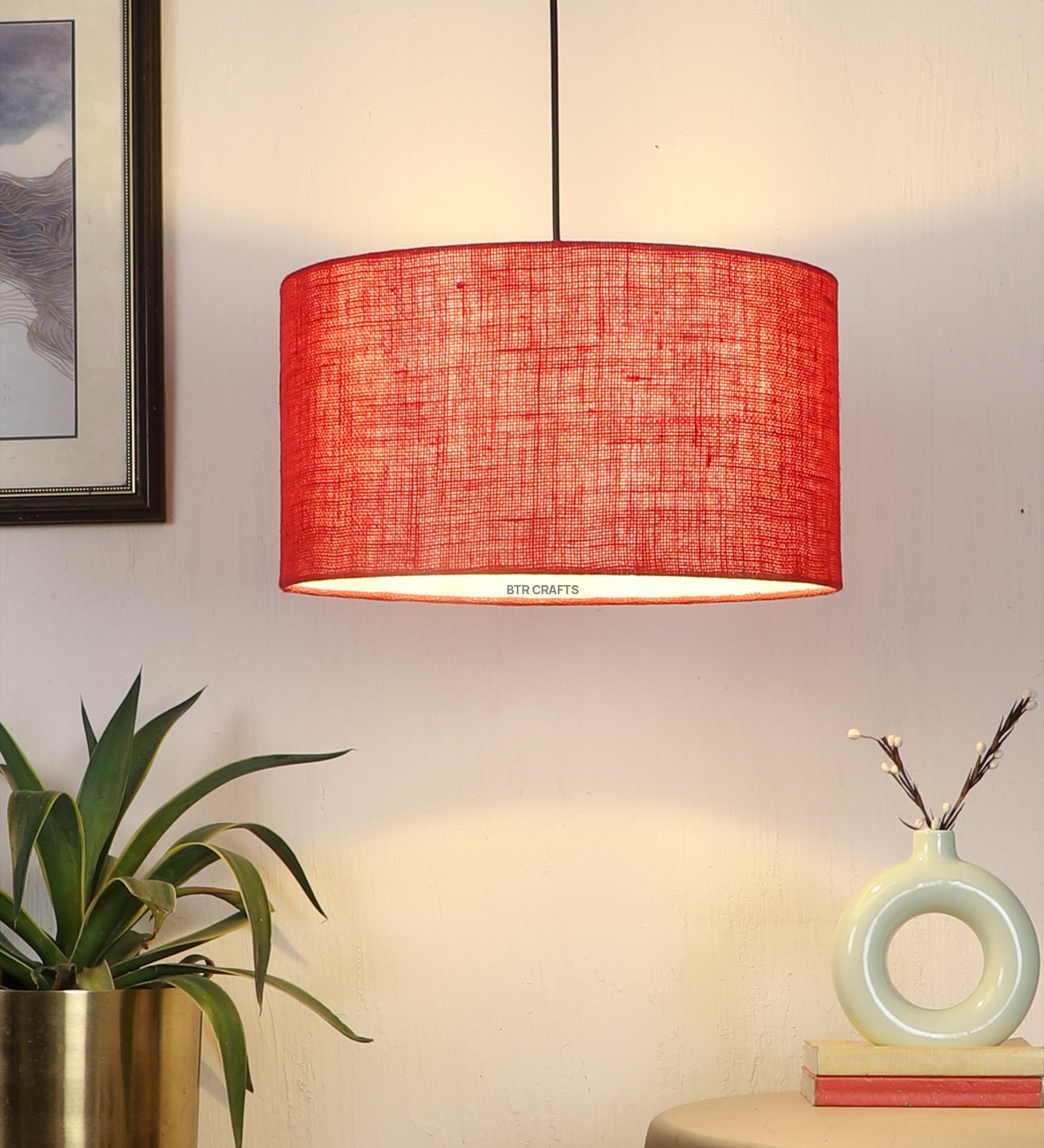 16 Inches Pendant/Hanging Ceiling Light Fixture, Red Jute Drum Shade, for Bedroom, Kitchen, Living Room, Dining Table, Lobby, Kitchen, Black Canopy